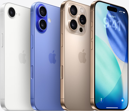 Un iPhone 16e blanco, un iPhone 16 color ultramarino y un iPhone 16 Pro en titanio del desierto dispuestos parcialmente uno sobre otro para mostrar el lado de la cámara, y la pantalla bloqueada de un iPhone 16 Pro color titanio de desierto