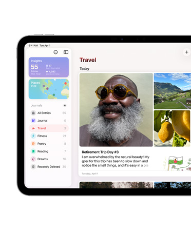 Un iPad, posición horizontal, el lado izquierdo de la pantalla muestra la app Diario