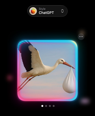 Pantalla de Genmoji con la imagen fotorrealista de una cigüe?a que lleva una bolsa en el pico, en la que se muestran opciones de estilos de imágenes personalizados de ChatGPT