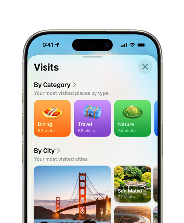 La mitad superior de la pantalla de un iPhone muestra la funcionalidad Lugares Visitados en la app Mapas, incluidas las opciones Categorías y Ciudades