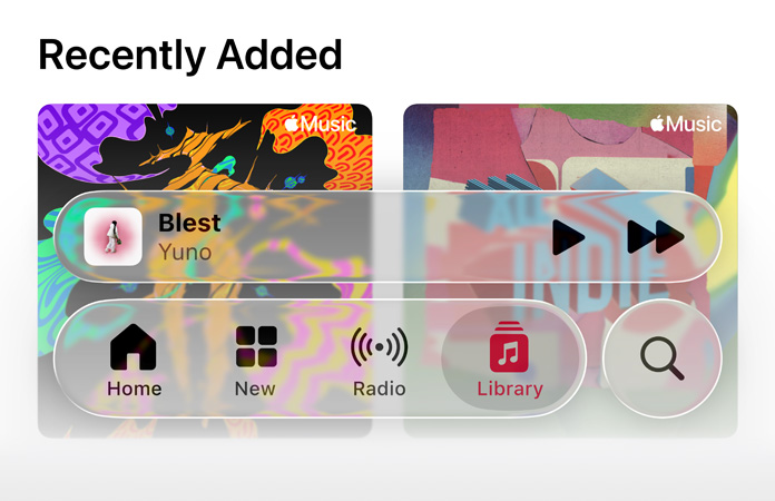 Los controles translúcidos de Apple Music refractan el fondo