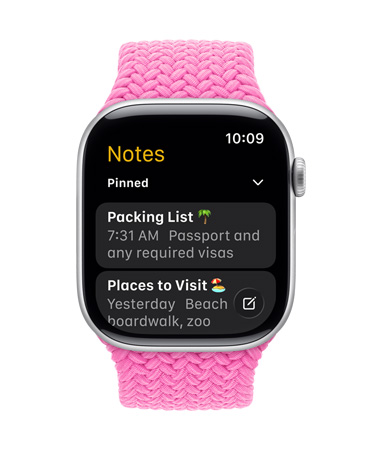 Un Apple Watch color plata con una correa trenzada peonía, en cuya pantalla se ve la app Notas con dos notas destacadas