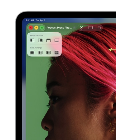 Window controls, with red button to close, yellow button to minimize, and green button to zoom, plus options to move and resize or arrange your windows