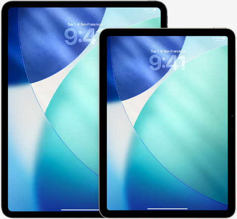 iPad Pro and iPad Air, side-by-side, iPad Air in front overlapping iPad Pro, portrait orientation, Lock Screen shows time in translucent Liquid Glass