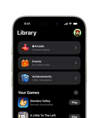 iPhone, top half of screen showing Games app layout, including Library tab, Apple Arcade, Events, Achievements and All Games section