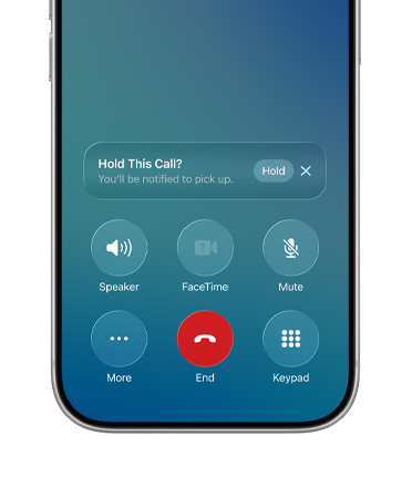 iPhone, bottom half of screen shows an active call with the new Hold Assist option and a Hold button notification