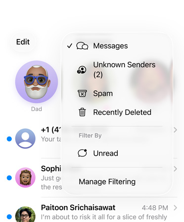 La app Mensajes muestra las nuevas herramientas que filtran números desconocidos y los ubica en una sección llamada Remitentes Desconocidos