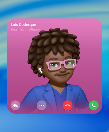FaceTime Contact Poster, Genmoji in centre, a person’s name at top left, icons for reply, more options, hang up and pick up at the bottom