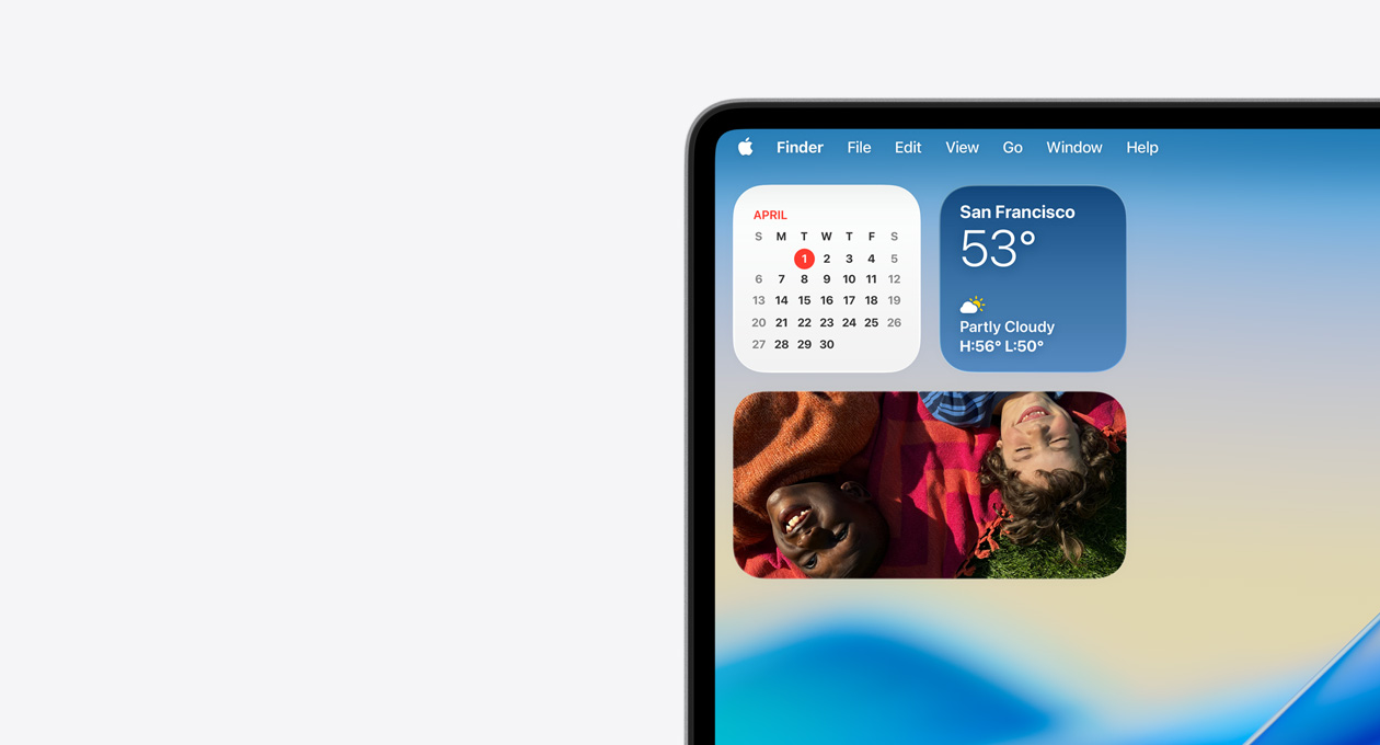 Top-left of Mac device screen showing the transparent Menu Bar and Liquid Glass versions of Weather, Calender and Photos app widgets in Notification Center