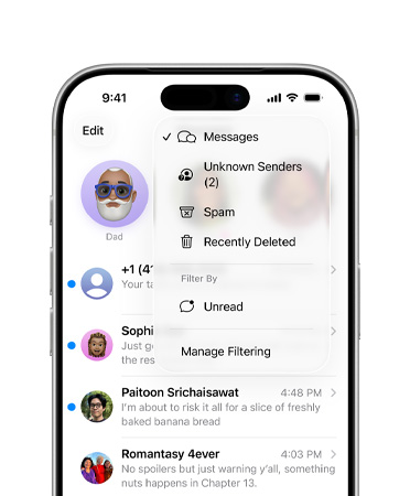 iPhone, top two-thirds showing Messages app with the new screening tools feature that now filters unknown numbers into a section called Unknown Senders