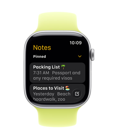 Apple Watch Series 11 en cuya pantalla se ve la app Notas con dos notas destacadas