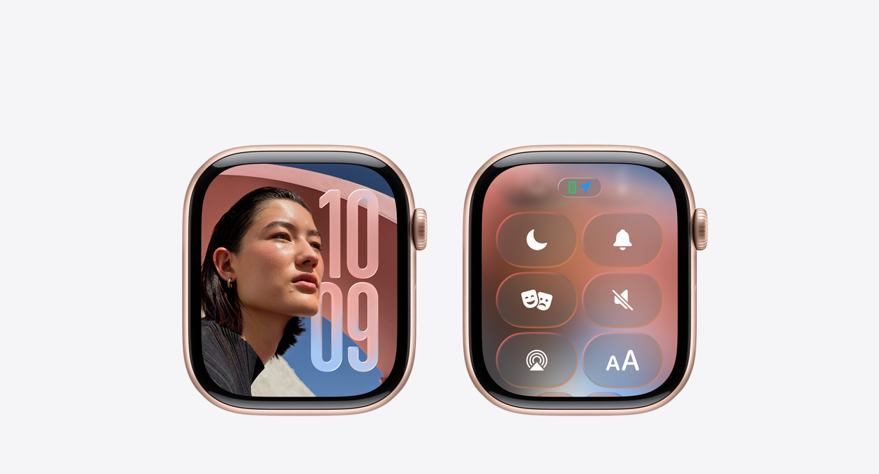 Apple Watch in Rose Gold without band, Clock app on watch face showcasing new Liquid Glass design in watchOS 26