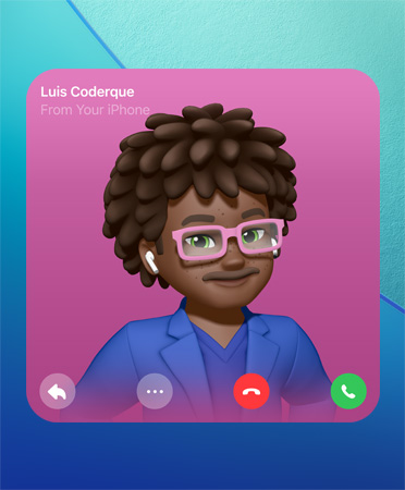 Affiche de contact sur FaceTime avec Genmoji au centre, nom de la personne en haut à gauche, ic?nes pour répondre, avoir plus d’options, raccrocher et décrocher en bas