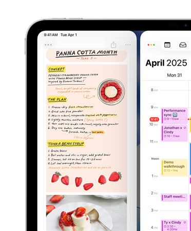 Un iPad, orientation paysage, la partie supérieure gauche de l’écran affiche les apps Notes et Calendrier, disposées c?te à c?te pour illustrer les fenêtres en mosa?que