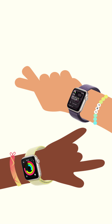 插圖描繪兩個(gè)小朋友的手戴著 Apple Watch SE 3