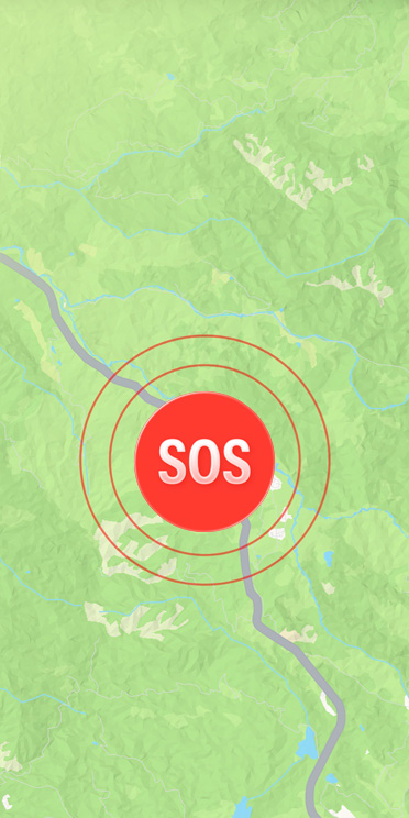 Ikona tísňového SOS volání nad silnicí v Apple Mapách.