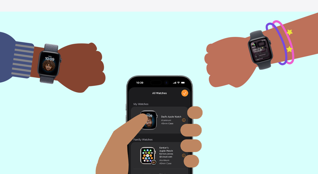 插圖描繪兩個(gè)小朋友的腕上戴著 Apple Watch SE 3，而成人的手拿著 iPhone 17