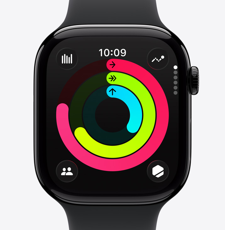 Apple Watch Series 11, pouzdro z le?těného klavírně ?erného hliníku, krou?ky aktivity: Pohyb, Cvi?ení, Stání