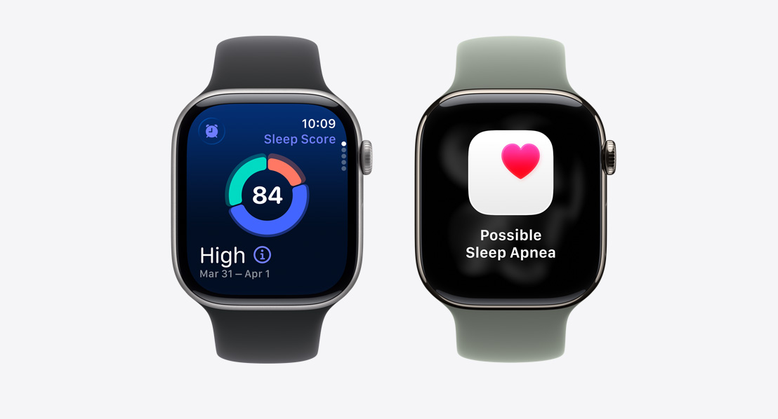 Dvoje Apple Watch Series 11, obrazovka spánkového skóre, upozornění na mo?nou spánkovou apnoi