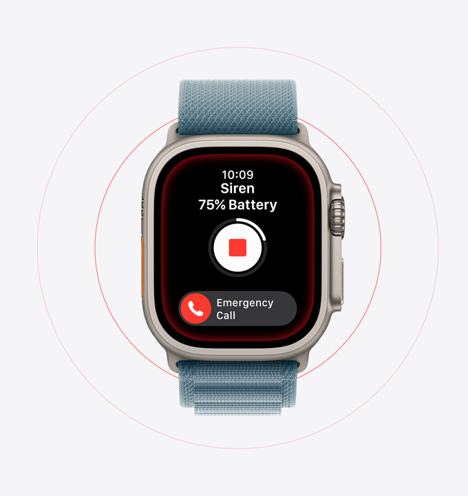 Apple Watch Ultra 3, titanové pouzdro, p?írodní barva, aktivovaná siréna, tla?ítko tísňového volání