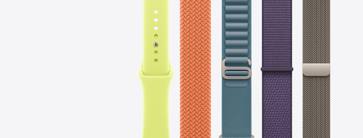 ?emínky k Apple Watch: sportovní ?emínek, neonově ?lutá barva, pleteny navlékací ?emínek, kurkumová barva, Alpsky tah, světle modrá barva, provlékací sportovní ?emínek, ml?ně fialová barva, milánsky tah, p?írodní barva