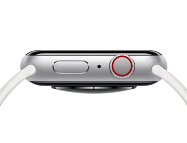 S?lvfarvet Apple Watch med sideknap, mikrofonhul og Digital Crown i h?jre side