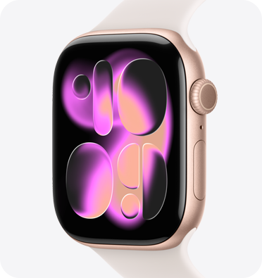 Apple Watch Series 11, aluminum case, rose gold  color, Responsive Art watch face, right side exterior, Digital Crown, microphone, side button, Sport Band, light blush color