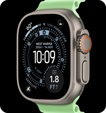 Apple Watch Ultra 3, natural color, titanium case, Orienteering watch face, complications: UV index, activity, satellite, compass, right side exterior, Digital Crown, microphone, side button, Ocean Band, neon green color
