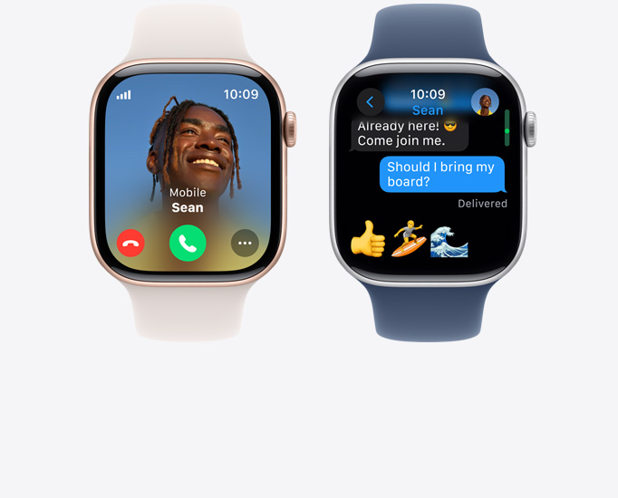 兩部 Apple Watch Series 10 的正面，分別展示來電顯示及文字訊息。