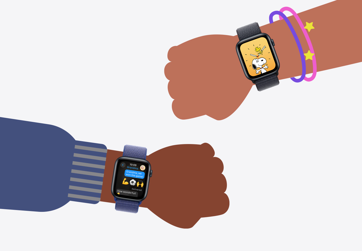 插圖顯示兩個孩子的手腕，都戴著 Apple Watch SE。