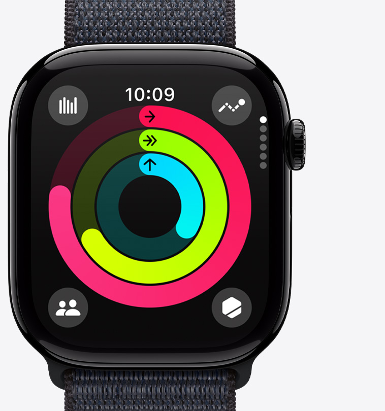 Apple Watch Series 10 的正面，顯示健身記錄圓圈 app。