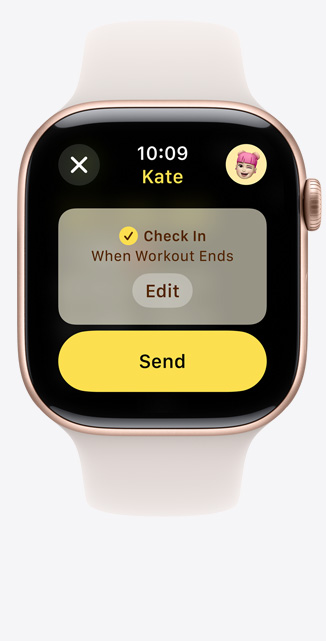 Apple Watch Series 10 的正面，顯示體能訓練「報平安」畫面