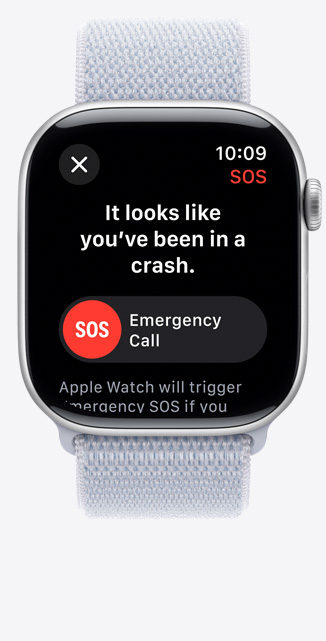 Apple Watch Series 10 的正面，顯示車禍偵測通知。