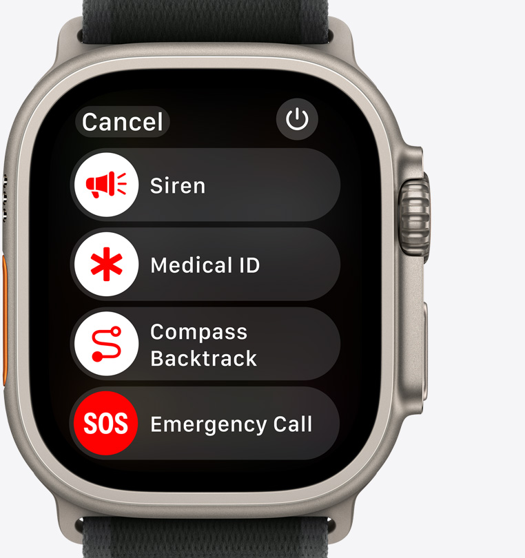 Apple Watch Ultra 2 的正面，顯示警笛、醫(yī)療檔案、指南針回溯功能及緊急電話按鈕。