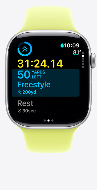 Apple Watch Series 11, Aluminiumgeh?use, Farbe Silber, Bildschirm für eigenes Training trackt Beckenschwimmen, Messwerte auf dem Display, Sportarmband, Farbe Neongelb
