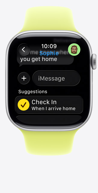 Apple Watch Series 11, hliníkové pouzdro, st?íbrná barva, návrh ke spu?tění Doprovodu ve zprávě iMessage, sportovní ?emínek, neonově ?lutá barva