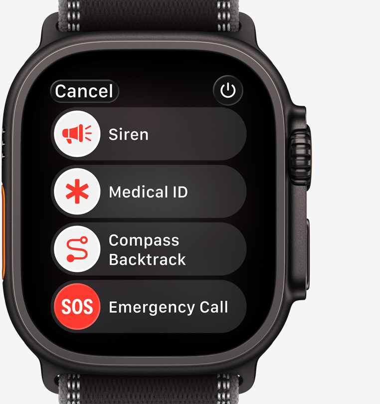 Apple Watch Ultra 3, titanium case, black colour, emergency assistance options on screen: siren, medical ID, compass backtrack, emergency call