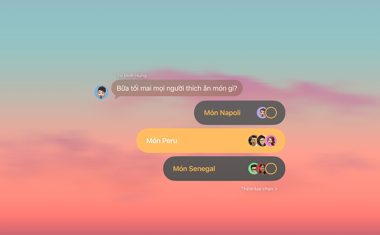Tính n?ng bình ch?n và hình n?n trong Tin Nh?n v?i nh?ng ng??i trong nhóm chat ?ang bi?u quy?t cho cau h?i t?i nay ?n gì