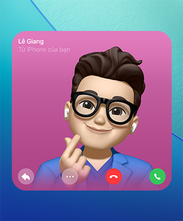 áp Phích Liên H? FaceTime, Genmoji ? gi?a, tên ng??i ? trên cùng bên trái, các bi?u t??ng ?? tr? l?i, thêm tùy ch?n, gác máy và nh?c máy ? phía d??i