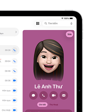 iPad, phía tr??c bên ph?i màn hình hi?n th? th? liên h? trong ?ng d?ng ?i?n Tho?i ?ang m? v?i các tùy ch?n Nh?n Tin, G?i ?i?n, v.v.