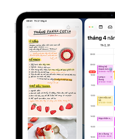 iPad, n?m ngang, màn hình trên cùng bên trái hi?n th? ?ng d?ng Ghi Chú và L?ch, ???c x?p c?nh nhau, làm ví d? cho tính n?ng x?p ??t các c?a s?