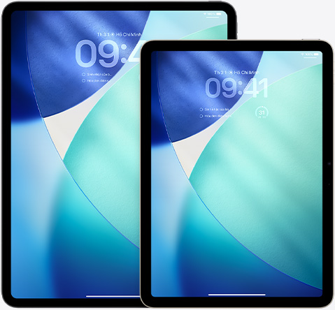 iPad và iPad Air, ??t c?nh nhau, iPad Air ? phía tr??c ch?ng lên iPad, h??ng d?c, Màn Hình Khóa(chǎn) hi?n th? th?i gian v?i hi?u ?ng Liquid Glass trong m?