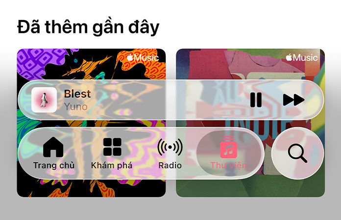 Các c?ng c? ?i?u khi?n trong m? trong Apple Music v?i hi?u ?ng khúc x? ?nh n?n