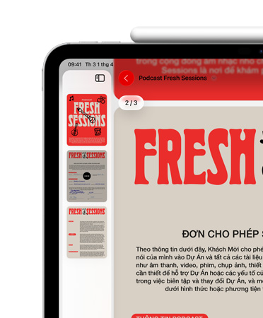 iPad, n?m ngang, Apple Pencil g?n k?t b?ng nam cham ? c?nh trên c?a iPad, phía trên bên trái màn hình hi?n th? PDF trong ?ng d?ng Xem Tr??c