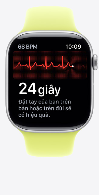 Góc chính di?n màn hình ?ng d?ng ECG trên Apple Watch Series 10 hi?n th? bi?u ?? d?ng sóng và ??ng h? ??m ng??c ? 22 giay.